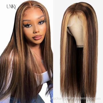Uniky 13x4 PrePlucked Straight Brown And Blonde Highlight Human Hair Wig Blonde Highlighted Wigs Blonde Highlight Wig Lace Front